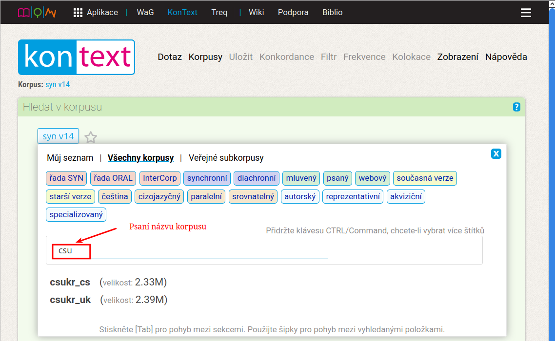 Vyhledání korpusu